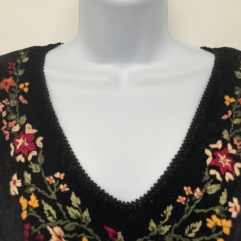 Vintage Velvet Floral Embroidered Sweater V Neck Top Blouse Long Sleeve 90s Blac - Picture 5 of 8